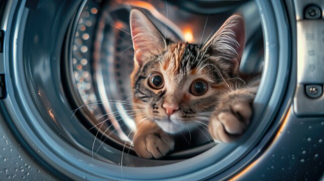 A cute cat sits in the washing machine and looks with big eyes. The washing machine background has high definition texture and high resolution.