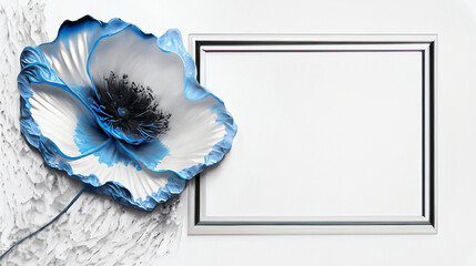 Niebieski kwiat mak. Białe tło ramka - obrazy, fototapety, plakaty