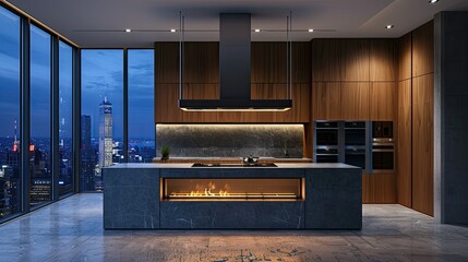 modern open kitchen with gray marble island and built-in fireplace, dark gray cabinets over sink, large window with city view, warm lighting, modern interior design style.