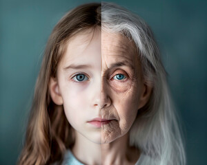 photorealistic double portrait: half of the face belongs to a young girl and half to an old woman, the concept of the theme of time,generational change,evolution,psychology and perception,cosmetology