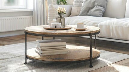 round coffee table with metal frame and wood top, rustic farmhouse style with light oak finish, industrial design, in living room setting with white sofa and shawls on sofa, books