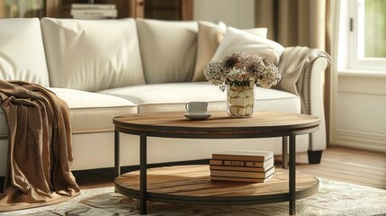 round coffee table with metal frame and wood top, rustic farmhouse style with light oak finish, industrial design, in living room setting with white sofa and shawls on sofa, books.