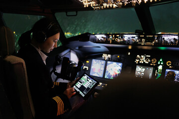 A female pilot prepares to take off on an airliner despite the bad weather