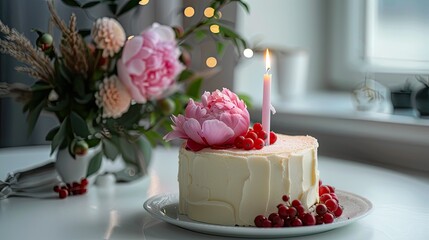 Obraz na płótnie Canvas White cake with pink peony flower on top, birthday candle and red berries, minimalistic interior in pastel colors with natural light from the window.