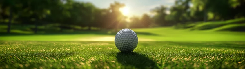 Gordijnen White Golf ball on green course to be shot on blurred beautiful landscape of golf course in sunset day time with copy space. Sport, Recreation, Relax in holiday concept © StellaPattaya