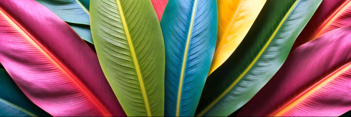 Wide colorful background of multi-colored tropical leaves