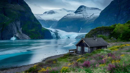 Foto op Canvas Cabin in the mountains, old wooden hut on fjord shore, summer flowers and glacier river © KatBaid