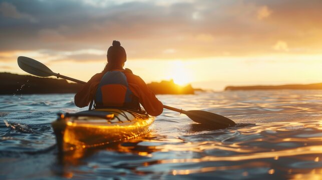 Solo kayaker at sunset: A peaceful ocean adventure in golden light