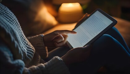Close-up of unrecognizable person's hands reading an e-book