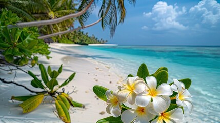 Fototapeta na wymiar Close-up of white and yellow frangipani flowers on a beach in the Maldives, with lush green palm trees and clear blue water in the background.
