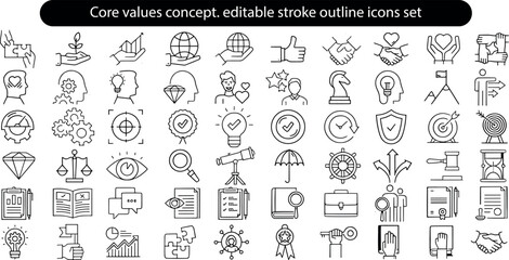 Core values concept. Integrity, mission, vision, trust, purpose, leadership and growth editable stroke outline icons set isolated on white background flat vector illustration. Pixel perfect. - obrazy, fototapety, plakaty