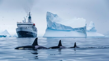 Majestic orca pod swimming near an ice floe with a cruise ship in the Antarctic