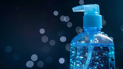 A bottle of hand sanitizer with blue liquid inside and bubbles, AI - obrazy, fototapety, plakaty