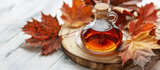 A bottle of maple syrup on a wooden board