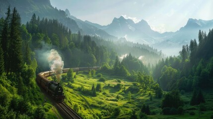 A steam locomotive speeds through lush green mountains, smoke pours from its chimney, and trees line both sides of the tracks. The scene shows a picturesque landscape. - obrazy, fototapety, plakaty