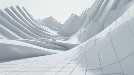 White tech background, with a geometric 3D structure. Clean, minimal design with simple futuristic forms. 3D render