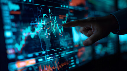 
The hand of a businessman or investor pointing at a computer screen, screen with stock market chart analysis or research information for trading and investing - obrazy, fototapety, plakaty