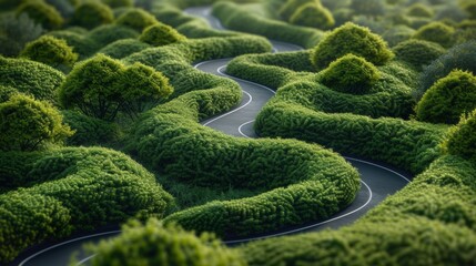 A winding road through a forest of trees with bushes, AI