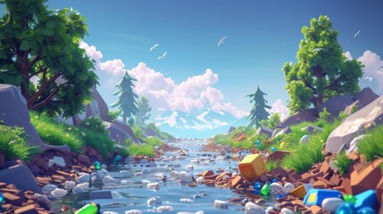 A river with trash and trees in the background, AI