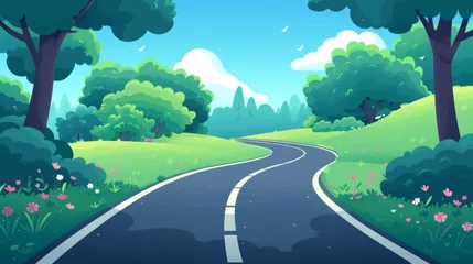 Ingelijste posters Cartoon landscape with a road and trees, AI © starush