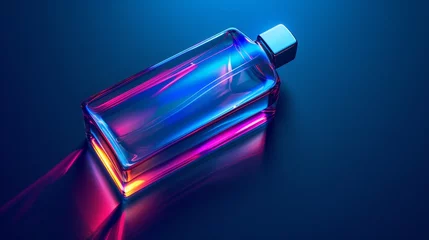 Gartenposter A bottle of perfume is lit up in a bright color, AI © starush