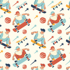 Seamless pattern. Cool teen skateboard sport. Vector illustration of young men, a boys-skateboarders. 90's fun street style concept. Printable colorful flat background