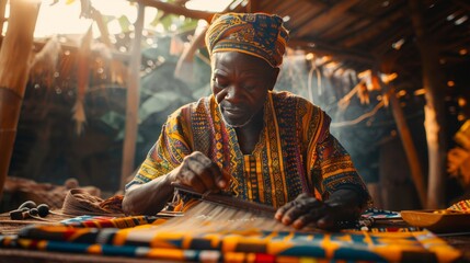 Ghanaian workshop  kente cloth weaver in vibrant morning light creating intricate designs