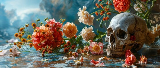 Still life with a human skull with plants and dried flowers

