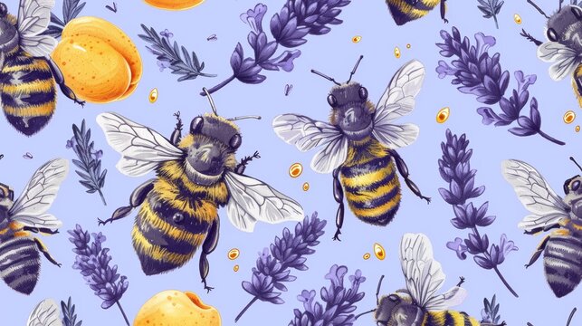 A pattern of a bunch of bees and flowers on blue background, AI