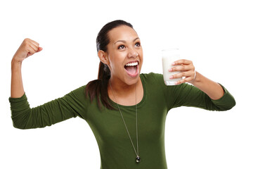 Woman, strong and milk for calcium in studio, dairy and milkshake for nutrition on white...