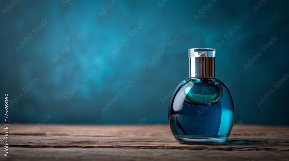 Canvas Prints A bottle of perfume sitting on a wooden table with blue background, AI