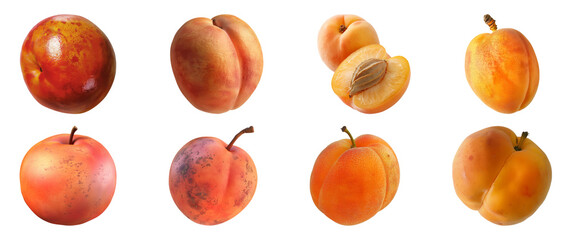 Collection of ripe apricots in various states from whole to halved with pit cut out on transparent...