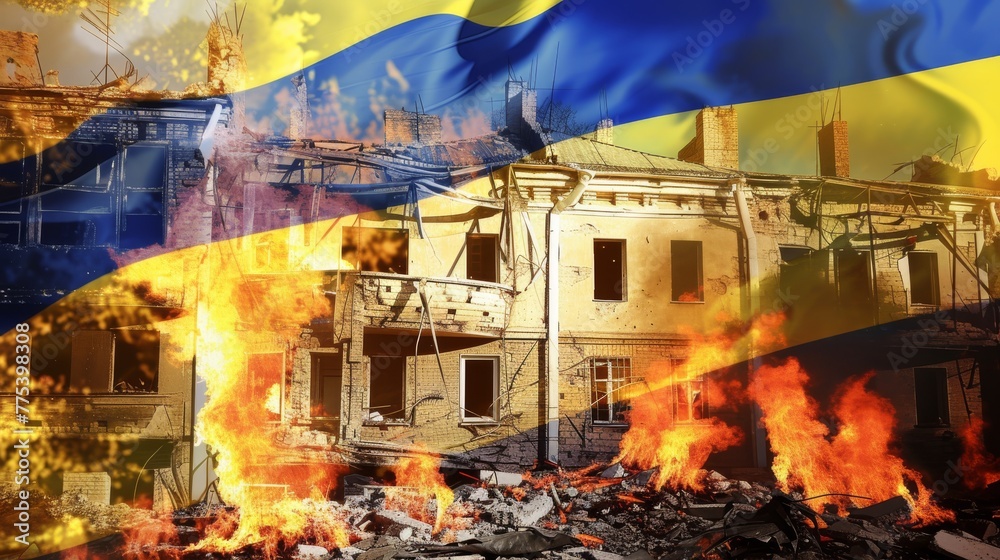 Wall mural burning destroyed residential buildings against the backdrop of the flag of ukraine --no text, titles --ar 16:9 --quality 0.5 --stylize 0 Job ID: d63c9d72-1a5f-4026-9bb4-0eb46c062b61