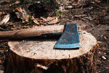 Axes with handles are placed on a wooden log. The hatchets. Harvesting firewood in the village....