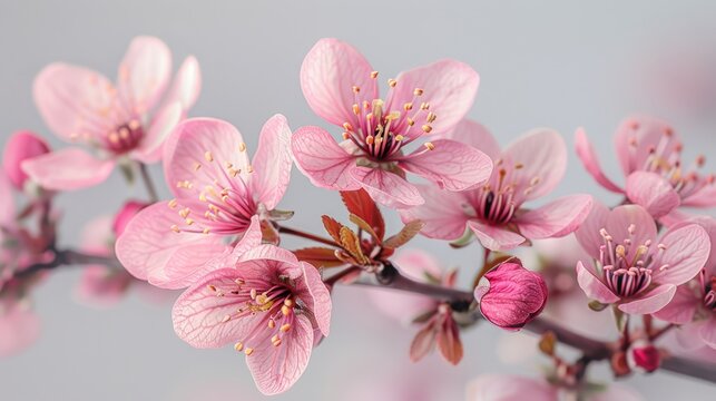   A close-up image of a tree branch adorned with pink blossoms set against a light blue backdrop