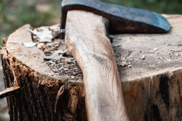 Axes with handles are placed on a wooden log. The hatchets. Harvesting firewood in the village. Craft at the countryside. Healing and longevity. Meditation of nature. Timber pantry. High resolution.