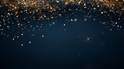 Glowing Golden Particle Explosion on Dark Blue Background - obrazy, fototapety, plakaty