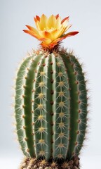 Cactus with yellow flower in pot on white background. Close up.