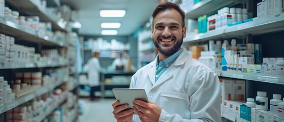 Pharmaceutical sales rep smiling in medical building holding tablet waiting to present new product to doctor. Concept Medical Sales Representative, Pharmaceutical Industry, Sales Presentation - obrazy, fototapety, plakaty