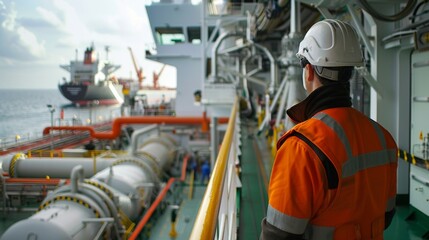Safety officer conducting a routine inspection on an industrial ship deck - obrazy, fototapety, plakaty