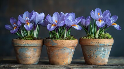   Three clay pots brimming with purple blooms atop a wooden table before a deep blue backdrop