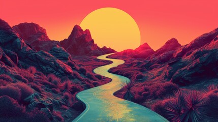 Fototapeta premium A picture of a road winding through the desert at sunset, AI