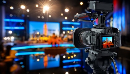 Fototapeta na wymiar Behind the Scenes: Digital Camera Capturing TV Studio Interview with Blurry Background