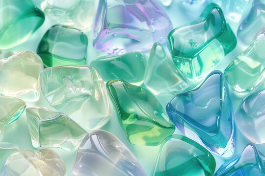 closeup of shiny sea glass pieces in pastel green and blue hues