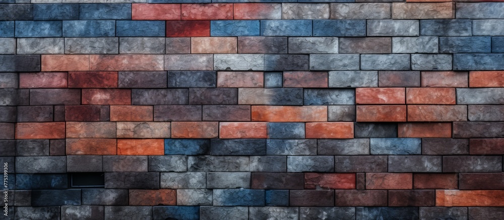 Canvas Prints Detailed view of a brick wall showing a vibrant red and blue pattern, creating a visually striking background for design projects