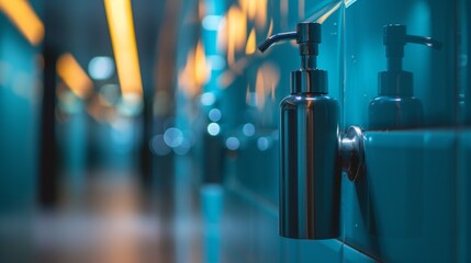 A close up of a blue wall with some sort of soap dispenser, AI - obrazy, fototapety, plakaty