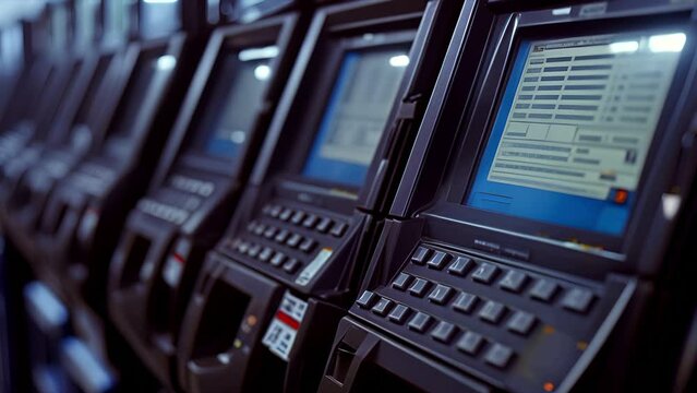 A row of voting machines at a polling place during an election