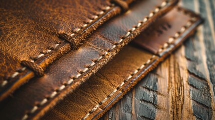 A close up of a brown leather wallet with stitching, AI