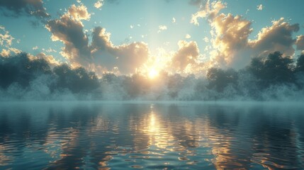   The sun shines brightly through the clouds, illuminating a tranquil body of water surrounded by lush trees in the foreground - obrazy, fototapety, plakaty