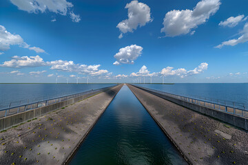 The Majestic Panorama of the IJsselmeer Dam under a Vast Blue Sky